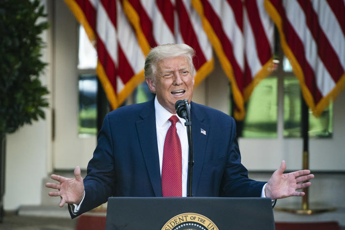President Trump speaks last week during a press conference in the White House Rose Garden.