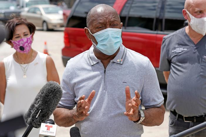 Houston Mayor Sylvester Turner speaks at free COVID-19 testing provided by United Memorial Medical Center at the Mexican Consulate Sunday, June 28 in Houston.