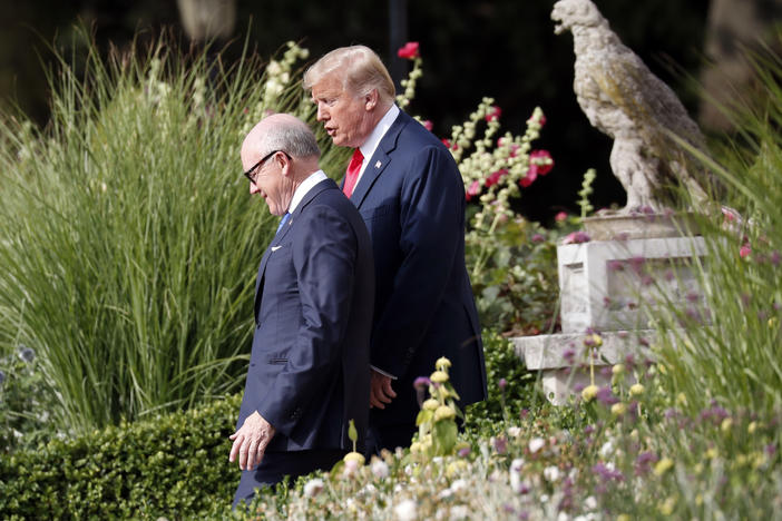 President Trump walks with U.S. Ambassador Robert Wood "Woody" Johnson IV in London in July 2018.