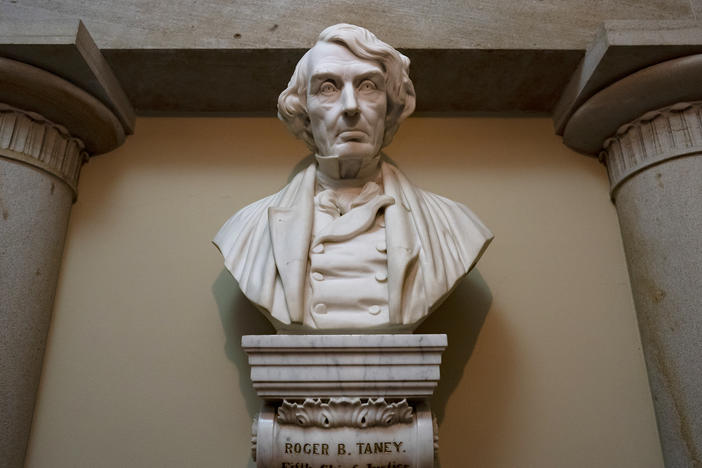 A marble bust of Chief Justice Roger Brooke Taney is displayed at the U.S. Capitol in March. Taney authored the 1857 Supreme Court decision against Dred Scott, an enslaved African American man who sued for his freedom.