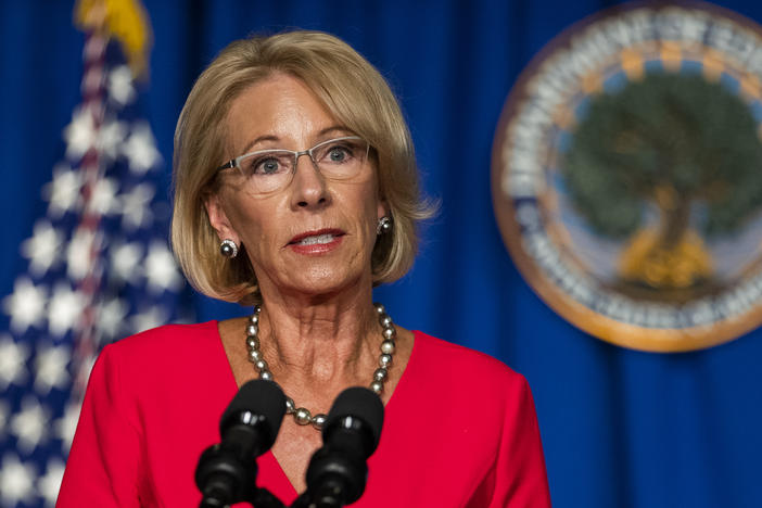 Education Secretary Betsy DeVos speaks during a White House Coronavirus Task Force briefing this month in Washington, D.C.