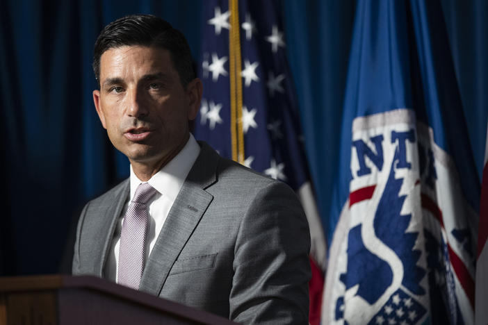 Chad Wolf, acting secretary of the Department of Homeland Security, addresses a news conference Tuesday in Washington, D.C., on the situation in Portland, Ore.