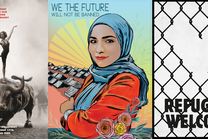"The Design of Dissent" shows how imagery is used to communicate opposition or alternative views. Some images include: (L to R) Occupy Wall Street by Will Brown; Isra Chaker from the We the Future Series; Welcome by Donal Thornton and Tresor Dieudonne.
