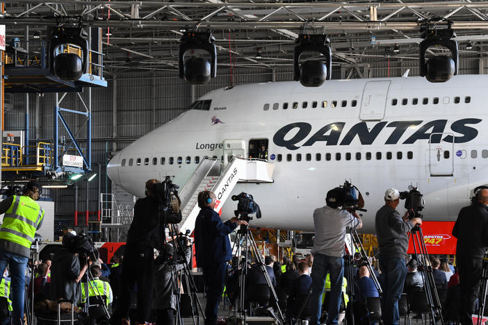 A Qantas Boeing 747-400, registration VH-OEJ in front of media at Sydney Airport for the last time as it retires from service on Wednesday.