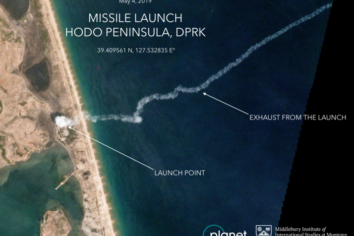 A satellite image from Planet Labs, a private satellite company, shows the exhaust from a North Korean missile test on May 4, 2019.