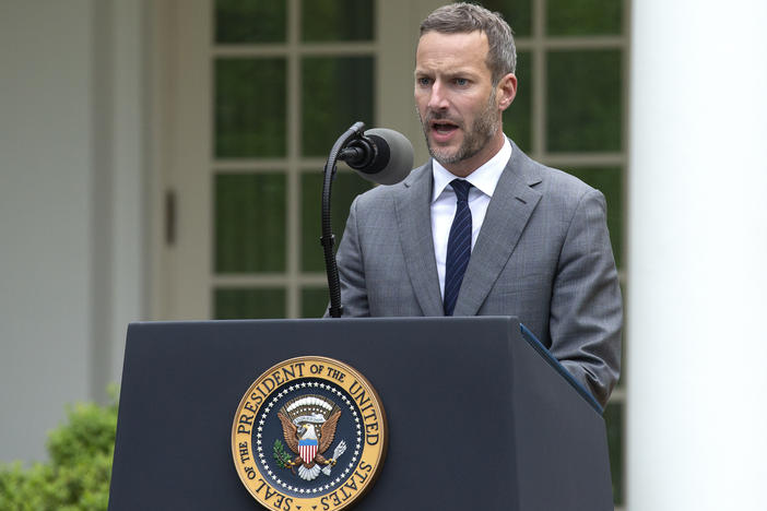 Adam Boehler, chief executive officer of U.S. International Development Finance Corporation (DFC), speaks at the White House in April.