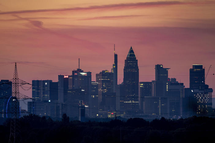 A view of the banking district in Frankfurt, Germany, on Thursday. Government statistics show the German economy contracted by 10.1% in the second quarter of this year.