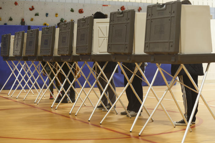 Voters cast their ballots at a polling place at Cromie Elementary School in Warren, Mich., in March. Warren is in Macomb County, considered a critical suburb in the presidential election.