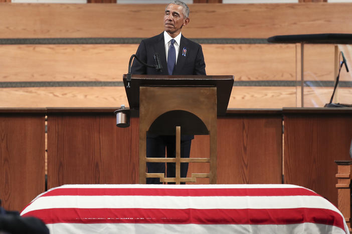 Former President Barack Obama gives the eulogy at the funeral service for Rep. John Lewis at Ebenezer Baptist Church in Atlanta. Lewis, a civil rights icon and fierce advocate of voting rights for African Americans, died on July 17 at the age of 80.