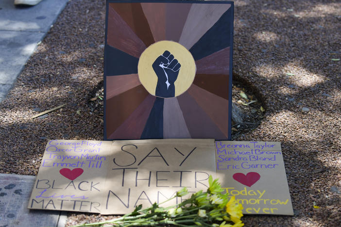 A makeshift memorial at the All Black Lives Matter Solidarity March on June 14, in Los Angeles.