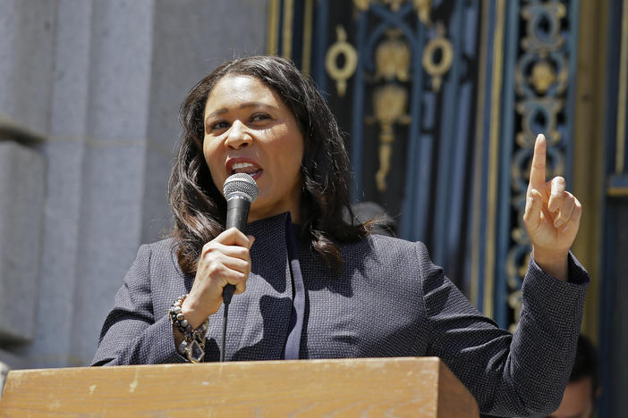 San Francisco Mayor London Breed speaks to a group protesting police racism outside City Hall on June 1. On Friday she announced plans to divert $120 million from the city's police to efforts that address inequities in the Black community.