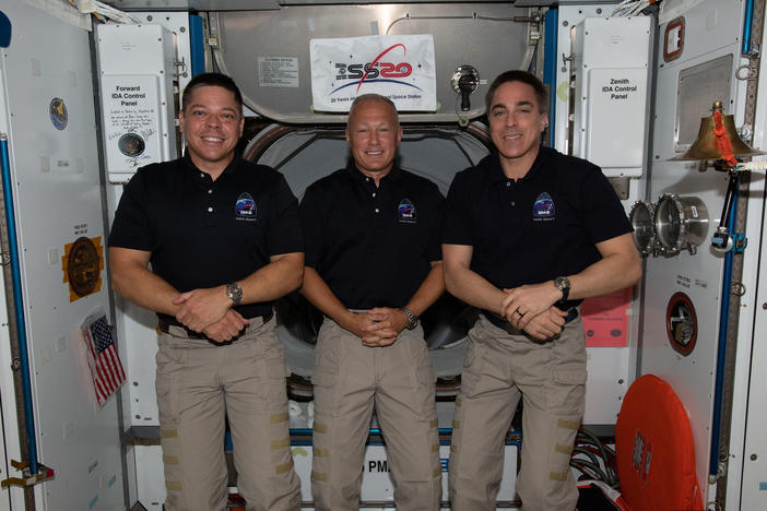 NASA astronauts (from left) Bob Behnken, Doug Hurley and Chris Cassidy are the U.S. members of the Expedition 63 crew aboard the International Space Station. Behnken and Hurley are scheduled to return to Earth on Aug. 2.