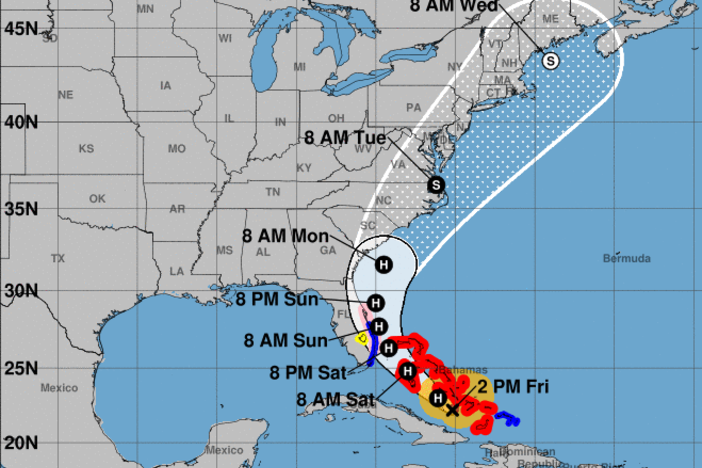 Hurricane Isaias will maintain its hurricane status for several days as it passes along Florida's central Atlantic coast, the National Hurricane Center says. The storm's forecast cone predicts it will hug the southeastern U.S. coastline.