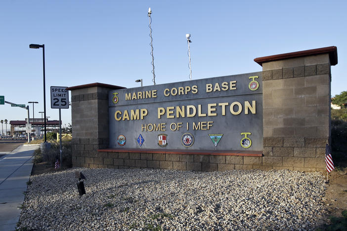 This Nov. 13, 2013 file photo shows the main gate of Camp Pendleton Marine Base in Southern California. Eight service members are presumed dead after their amphibious vehicle sank Thursday.