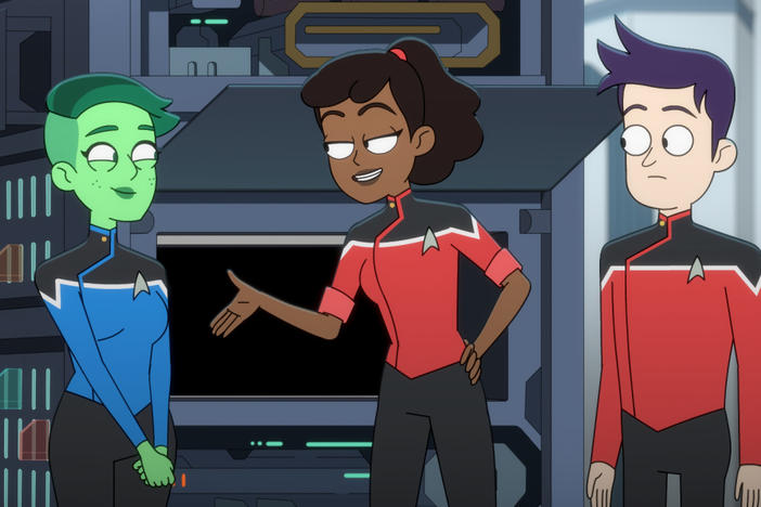 L to R: Ensigns Tendi (voiced by Noel Wells), Mariner (voiced by Tawny Newsome) and Boimler (voiced by Jack Quaid) do the grunt work on <em>Star Trek: Lower Decks</em>.