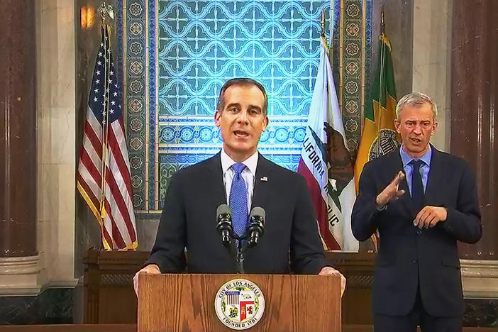 Los Angeles Mayor Eric Garcetti, pictured giving his annual State of the City speech in  April, announced on Wednesday that he is authorizing the Department of Water and Power to shut off service at properties hosting large parties, which are forbidden under coronavirus health orders.