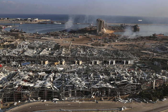 An aerial view of Beirut's port one day after a massive explosion rocked the Lebanese capital. Tuesday's blast flattened much of the port and damaged buildings across the city.
