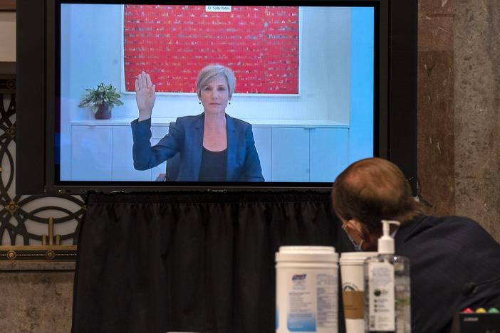 Sally Yates, former deputy attorney general, is sworn in to testify during a Senate Judiciary Committee oversight hearing on Capitol Hill in Washington, Wednesday, Aug. 5, 2020.