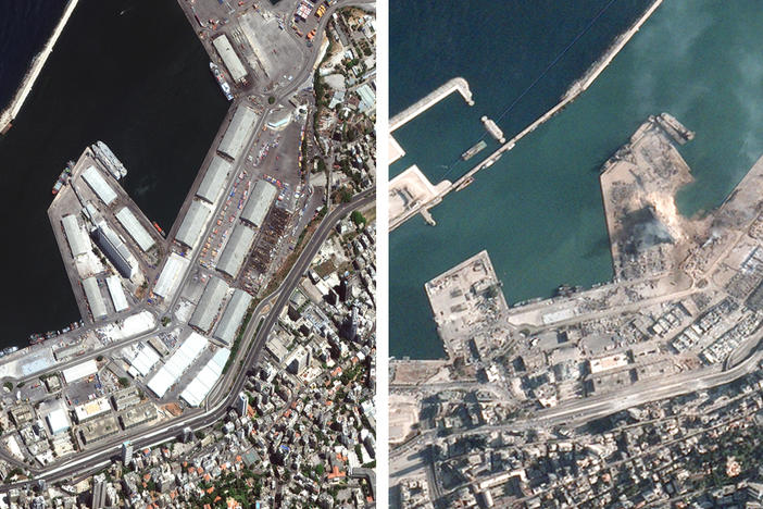 Beruit's port before (left) and after Tuesday's explosion (right).