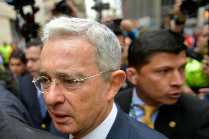 Former Colombian President (2002-2010) and Sen. Álvaro Uribe goes to a hearing before the Supreme Court of Justice in a case over witness tampering in Bogotá, Colombia, on Oct. 8, 2019. The Supreme Court has now ordered Uribe be put under house arrest.