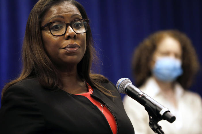 Letitia James, New York's attorney general, pauses while speaking during a news conference on Aug. 6, 2020, where she announced a civil action seeking to dissolve the National Rifle Association.
