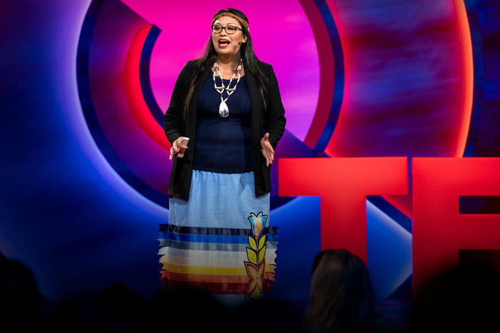 Legal scholar Kelsey Leonard speaks from the TED stage.