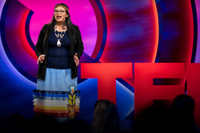 Kelsey Leonard speaks from the TED stage.