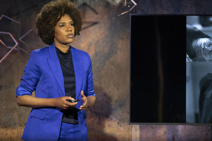 LaToya Ruby Frazier speaks from the TED stage.