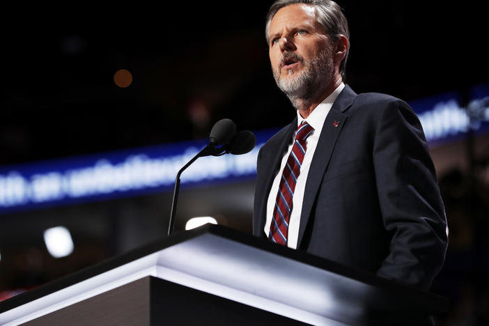 Jerry Falwell Jr. delivers a speech during the 2016 Republican National Convention in Cleveland.
