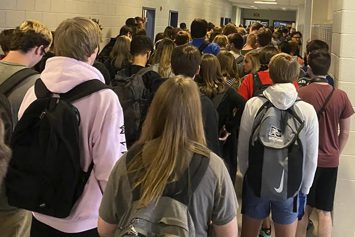 Officials at North Paulding High School in Dallas, Ga have suspended in-person learning for at least two days following a cluster of virus cases was discovered at the school. Above a crowd of students packs a hallway on Aug. 4.