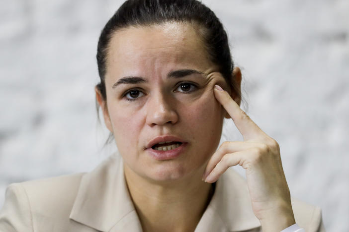 Opposition candidate Svetlana Tikhanovskaya speaks at a news conference Monday in Minsk, Belarus, after the Belarusian presidential election.