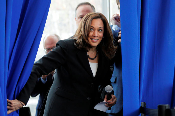 Sen. Kamala Harris, D-Calif., takes the stage at a campaign stop at Keene State College in Keene, N.H., in April 2019.