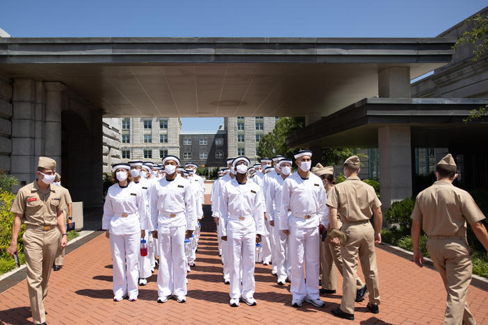 "Plebe summer" detailers, or trainers, lead a company of incoming freshman students â the "plebes" â at the U.S. Naval Academy in Annapolis, Md.