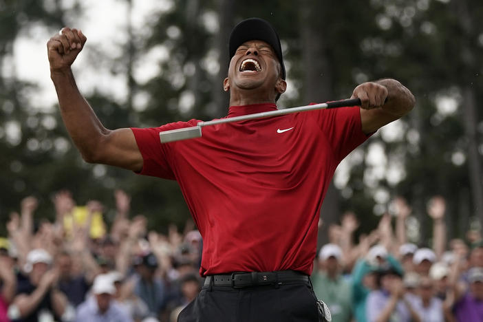 Tiger Woods reacts as he wins the Masters Tournament last year in Augusta, Ga.