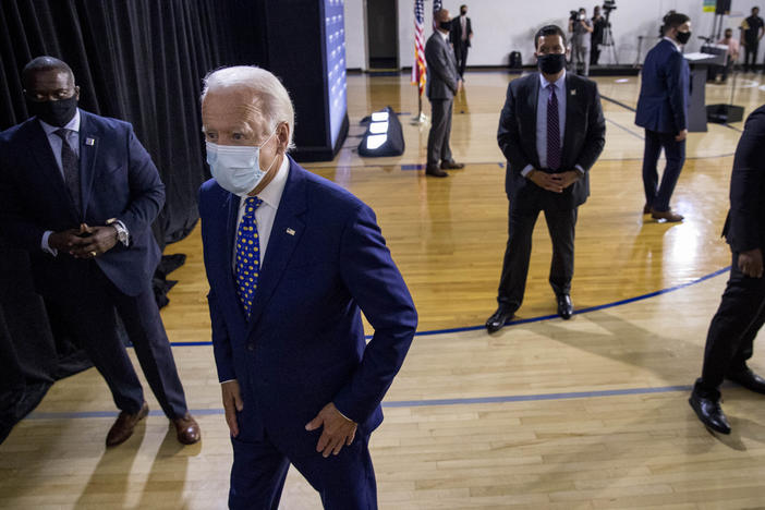Former Vice President Joe Biden leaves a campaign event last month in Wilmington, Del. If Biden wins the election, he may face political pressure over what to do about President Trump.