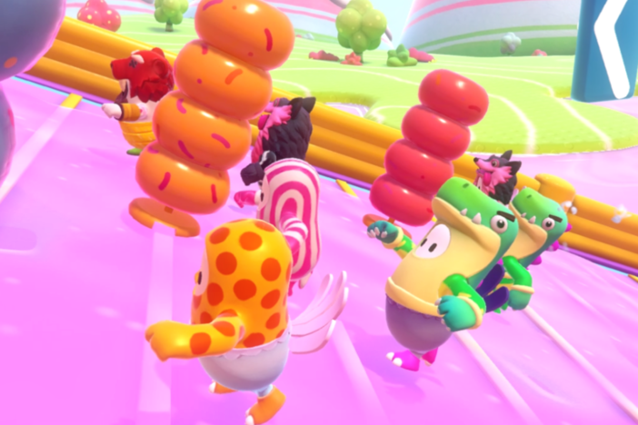 The fun of <em>Fall Guys</em> comes in watching its little jelly bean-shaped characters getting whacked around goofy obstacle courses.