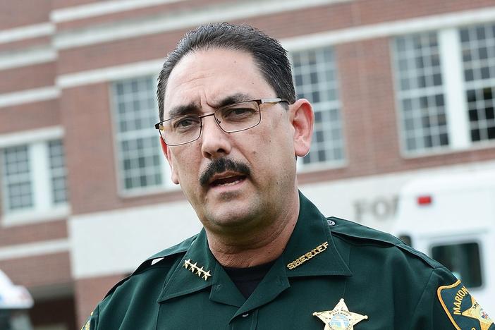 Marion County Sheriff Billy Woods speaks during a press conference in Ocala, Fla., in 2018. Woods sent an email Tuesday informing the approximately 900 people working in the department that "when you are on-duty/working as my employee and representing my Office – masks will not be worn," the Ocala<em> Star-Banner</em> reports.