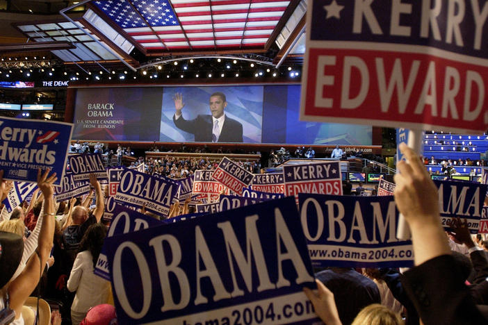 Barack Obama, then a little known state senator and candidate for U.S. Senate from Illinois, speaks during the 2004 Democratic National Convention in Boston.