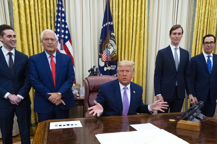 President Trump speaks during a Oval Office meeting Thursday with representatives of Israel and the United Arab Emirates, announcing an agreement to establish diplomatic ties between the two countries.