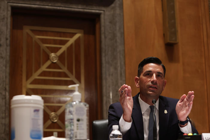 Acting Homeland Security Secretary Chad Wolf testifies last week during a hearing before the Senate Homeland Security and Governmental Affairs Committee.