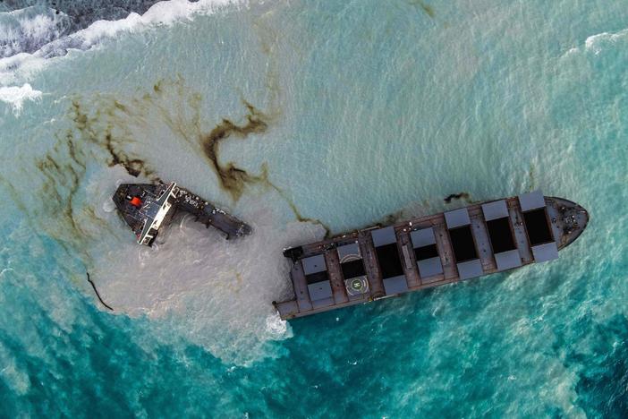 An aerial picture taken on Sunday shows the MV Wakashio bulk carrier that had run aground and broke into two parts near Blue Bay Marine Park, Mauritius.
