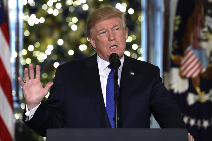 President Donald Trump speaks on tax reform in the Grand Foyer of the White House, Wednesday, Dec. 13, 2017, in Washington.
