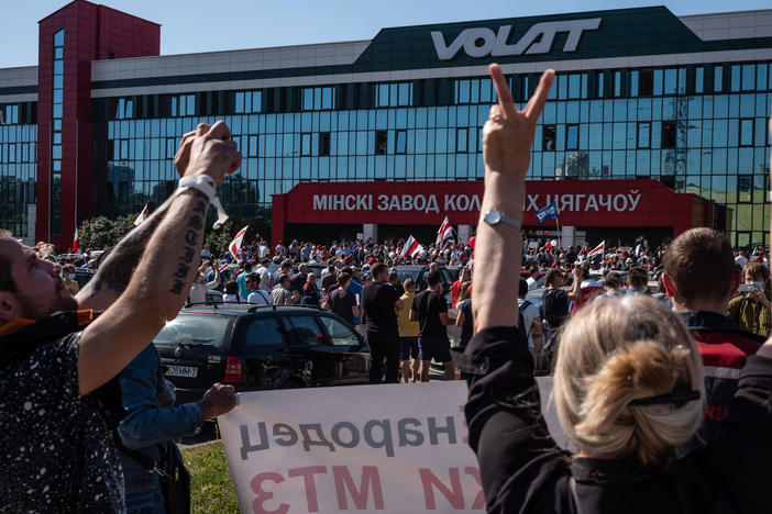 Striking workers participate in anti-government protests on Monday in Minsk, Belarus.