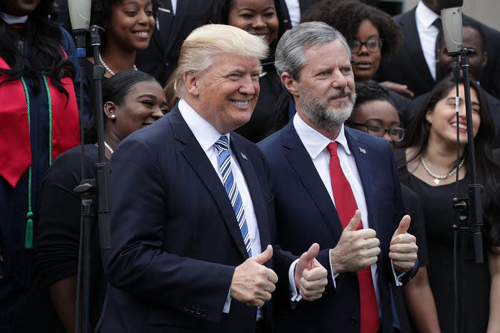 Jerry Falwell Jr. with President Trump during Liberty University's commencement in May 2017 in Lynchburg, Va.