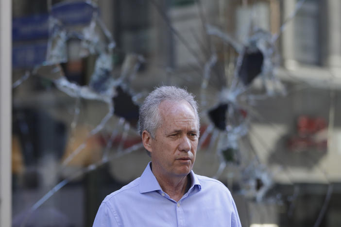 Louisville Mayor Greg Fischer speaks during a news conference, Saturday, May 30, 2020, in Louisville, Ky.