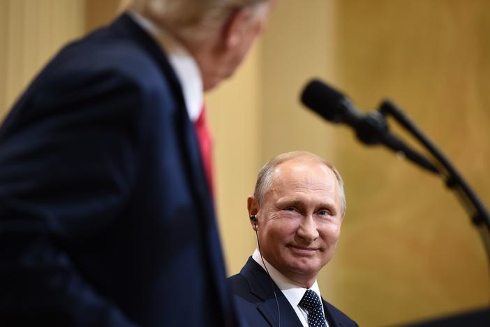 President Trump and Russian President Vladimir Putin attend a joint press conference after a July 2018 meeting in Helsinki.