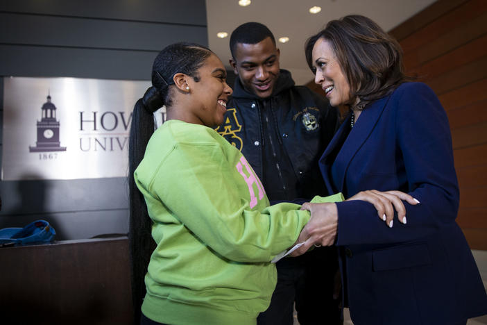 Sen. Kamala Harris visits the Washington, D.C., campus of her alma mater, Howard University, on the day she launched her presidential campaign in January 2019. She's seen speaking to Mara Peoples, executive vice president of the Howard University Student Association, and Amos Jackson III, the executive president.