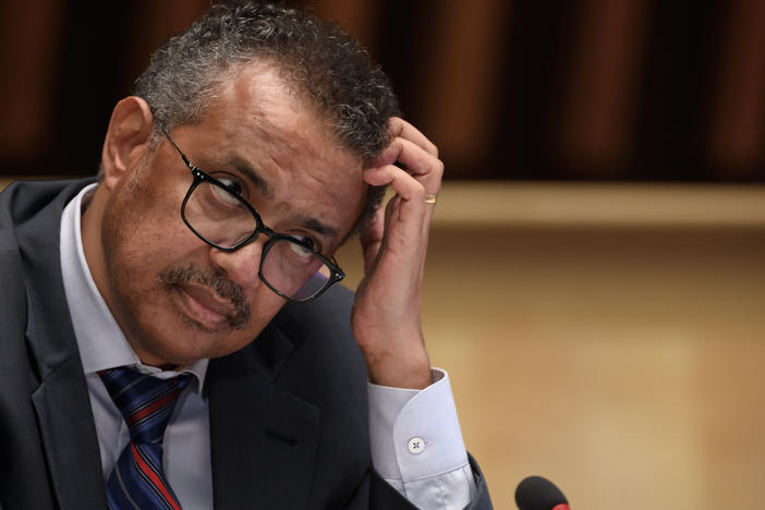 World Health Organization Director-General Tedros Adhanom Ghebreyesus at a news conference last month in Geneva. He is urging countries to join a pact aimed at ensuring access to drugs to prevent COVID-19.