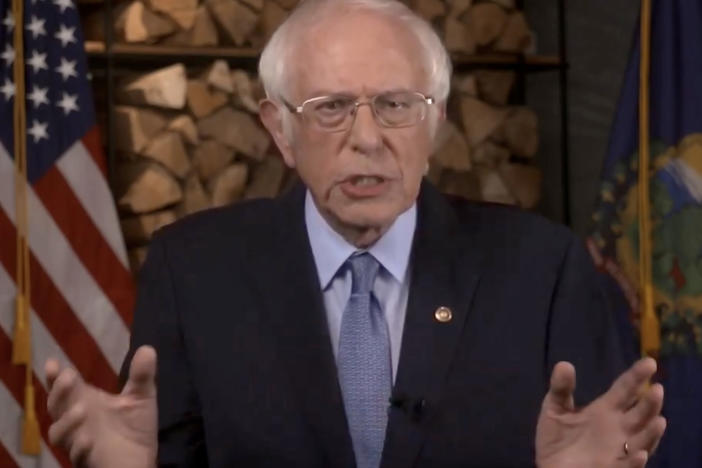 Sen. Bernie Sanders, I-Vt., addresses the virtual Democratic National Convention on Monday evening.