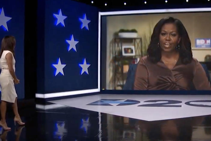 In this screenshot from the 2020 Democratic National Convention's livestream, actress and activist Eva Longoria introduces former first lady Michelle Obama.